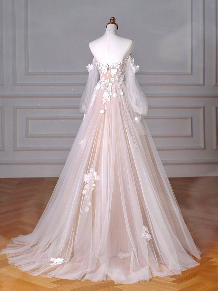 A-Line Long Sleeves Tulle Lace Champagne Long Prom Dresses, Champagne Long Formal Dresses