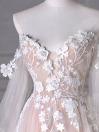 A-Line Long Sleeves Tulle Lace Champagne Long Prom Dresses, Champagne Long Formal Dresses
