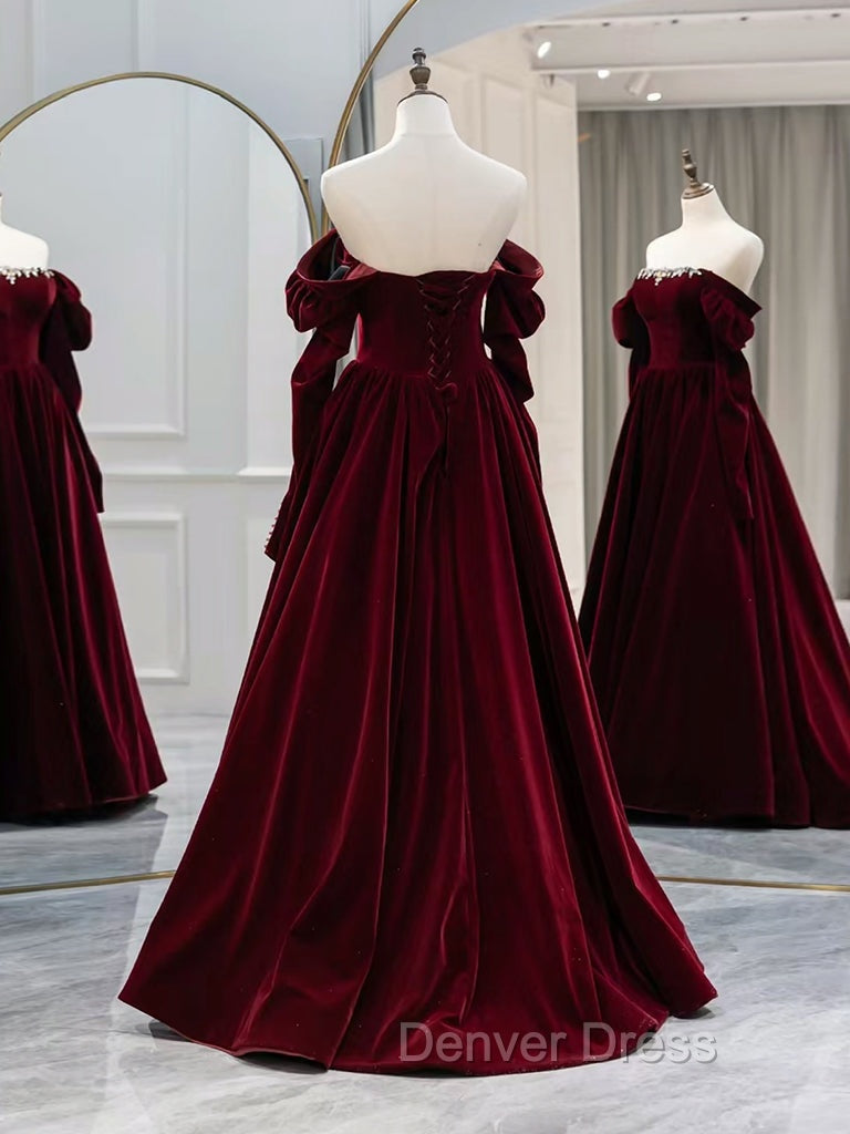 A Line Long Sleeves Velvet Burgundy Long Prom Dress, Burgundy Long Prom Dresses with Beads