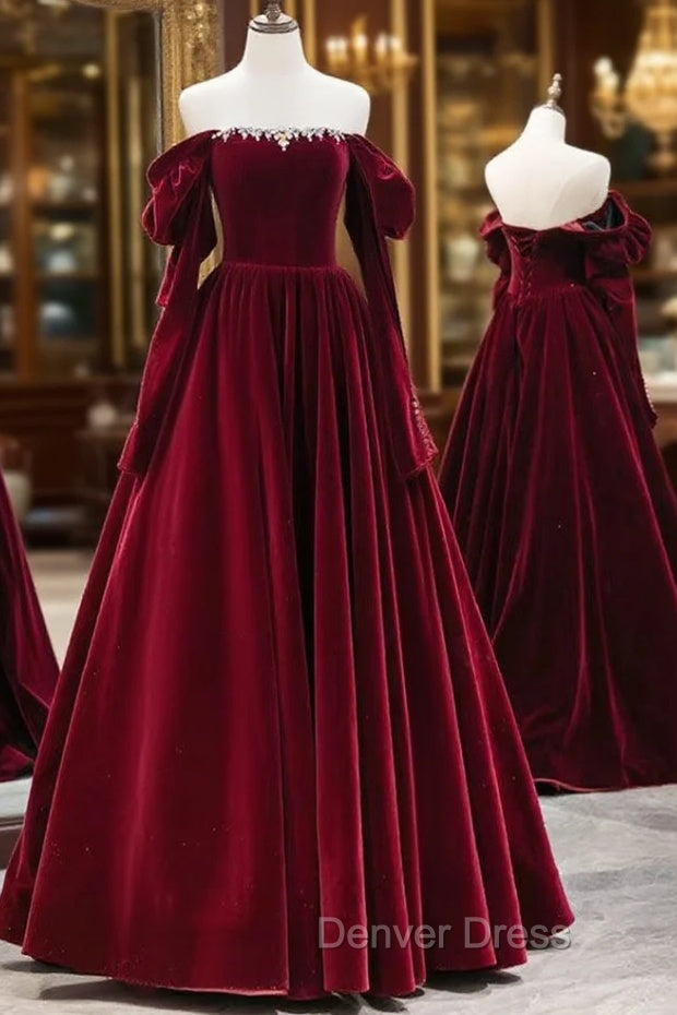 A Line Long Sleeves Velvet Burgundy Long Prom Dress, Burgundy Long Prom Dresses with Beads Main image