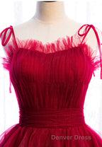 A-Line Long Spaghetti Strap Red Prom Dresses,Black Layers Tulle Evening Dresses