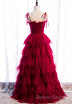 A-Line Long Spaghetti Strap Red Prom Dresses,Black Layers Tulle Evening Dresses