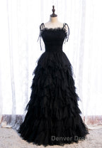 A-Line Long Spaghetti Strap Red Prom Dresses,Black Layers Tulle Evening Dresses