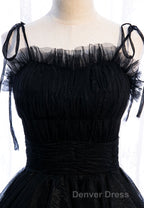 A-Line Long Spaghetti Strap Red Prom Dresses,Black Layers Tulle Evening Dresses