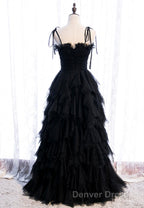 A-Line Long Spaghetti Strap Red Prom Dresses,Black Layers Tulle Evening Dresses