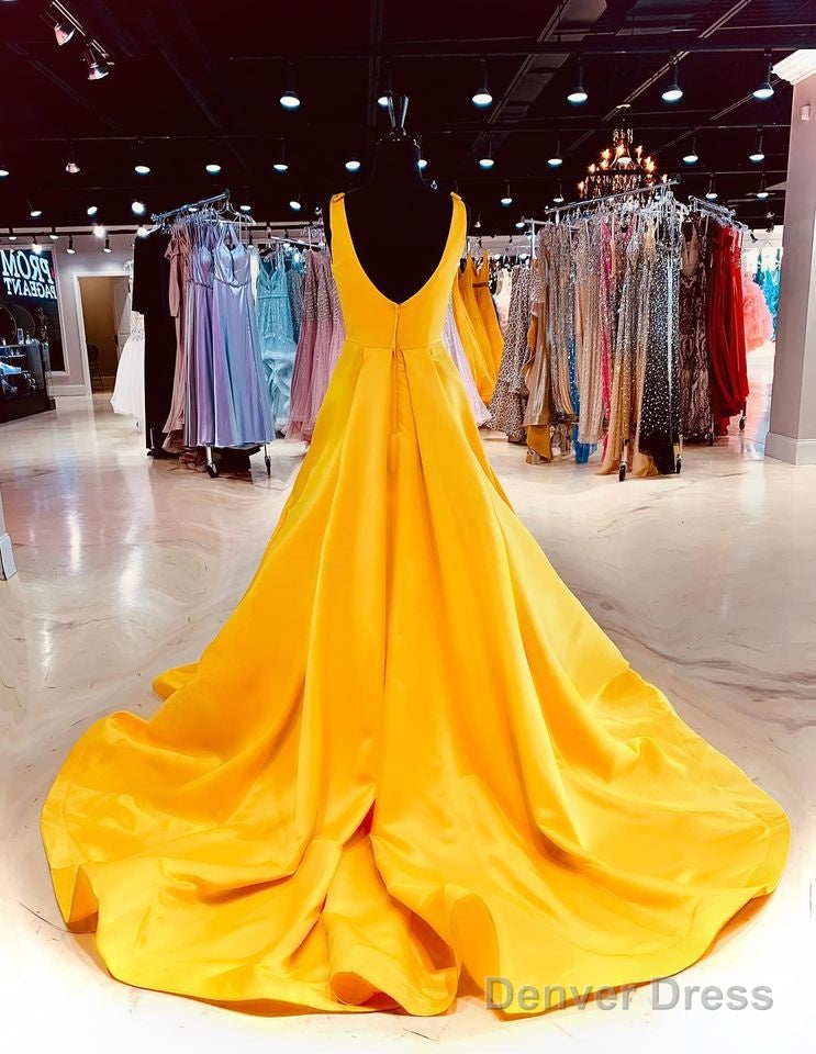 A Line Long V Neck Sleeveless Yellow Prom Formal Dresses Secondary image