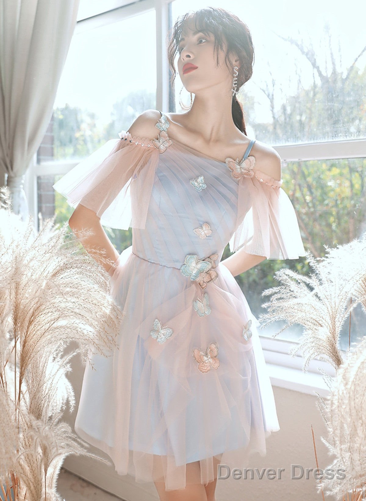 A-Line Lovely Pink And Blue Short Tulle Prom Dress, Short Homecoming Dress Prom Dresses