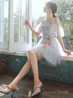 A-Line Lovely Pink And Blue Short Tulle Prom Dress, Short Homecoming Dress Prom Dresses