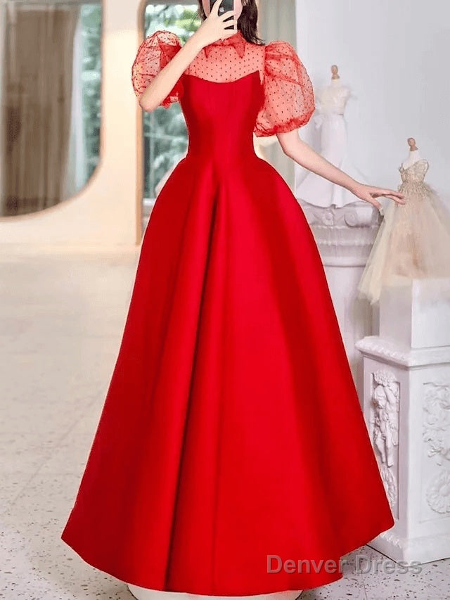 A Line Minimalist Princess Wedding Guest Prom Dresses Shirt Collar Short Sleeve Floor Length Satin With Solid Splicing