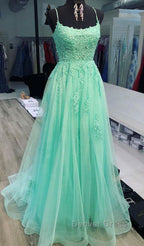 A Line Mint Green Lace Long Prom Dress, Mint Green Lace Prom Graduation Prom Dresses