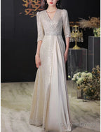 A Line Mother Of The Bride Dresses Wedding Guest Elegant Sparkle & Shine Petite V Neck Sweep Brush Train Sequined Half Sleeve With Pleats Crystal Brooch