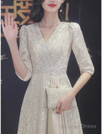 A Line Mother Of The Bride Dresses Wedding Guest Elegant Sparkle & Shine Petite V Neck Sweep Brush Train Sequined Half Sleeve With Pleats Crystal Brooch