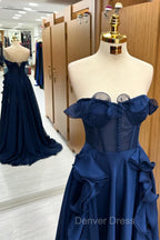 A Line Navy Blue Corset Ruffle Maxi Prom Dresses
