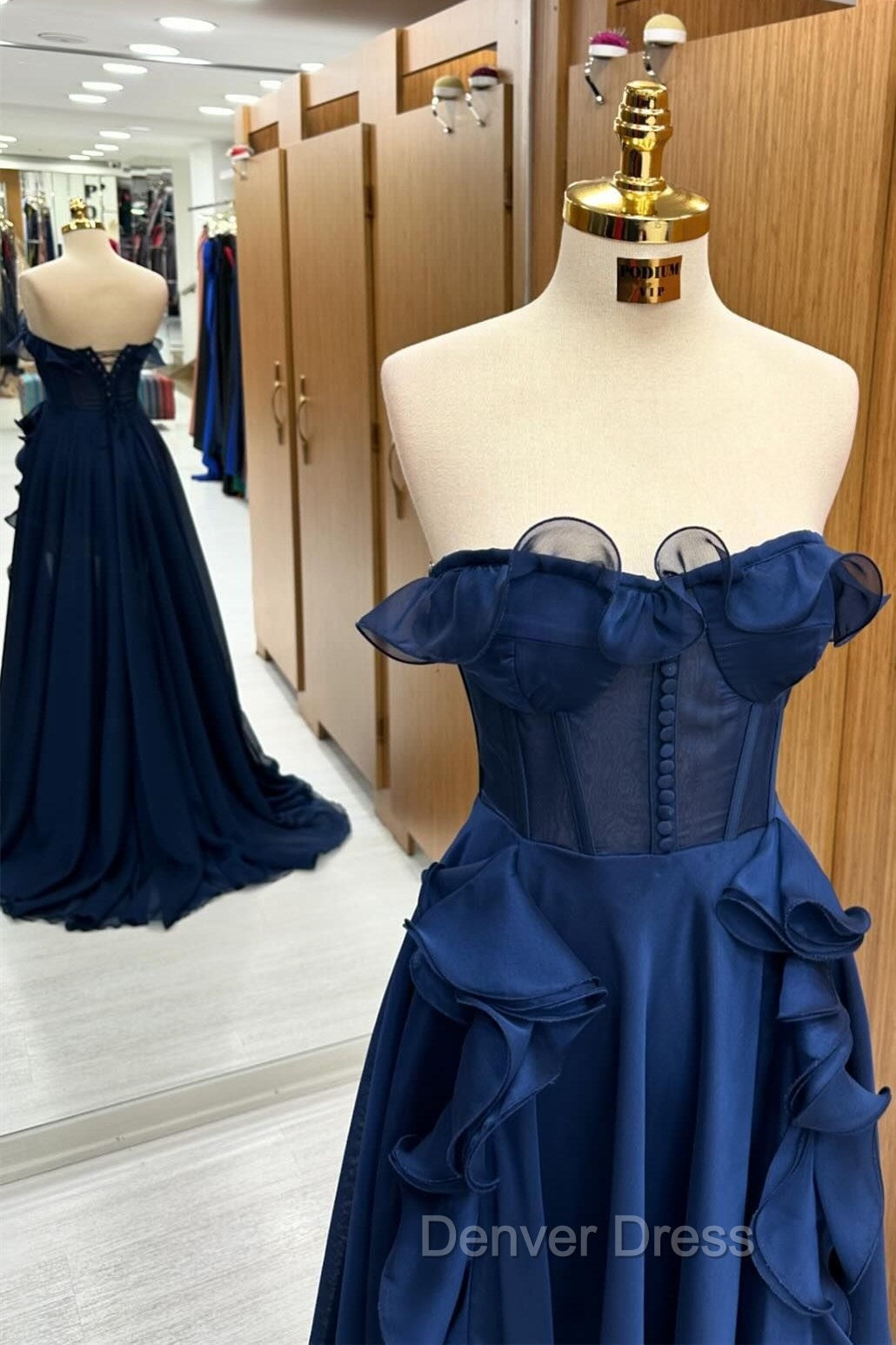 A Line Navy Blue Corset Ruffle Maxi Prom Dresses