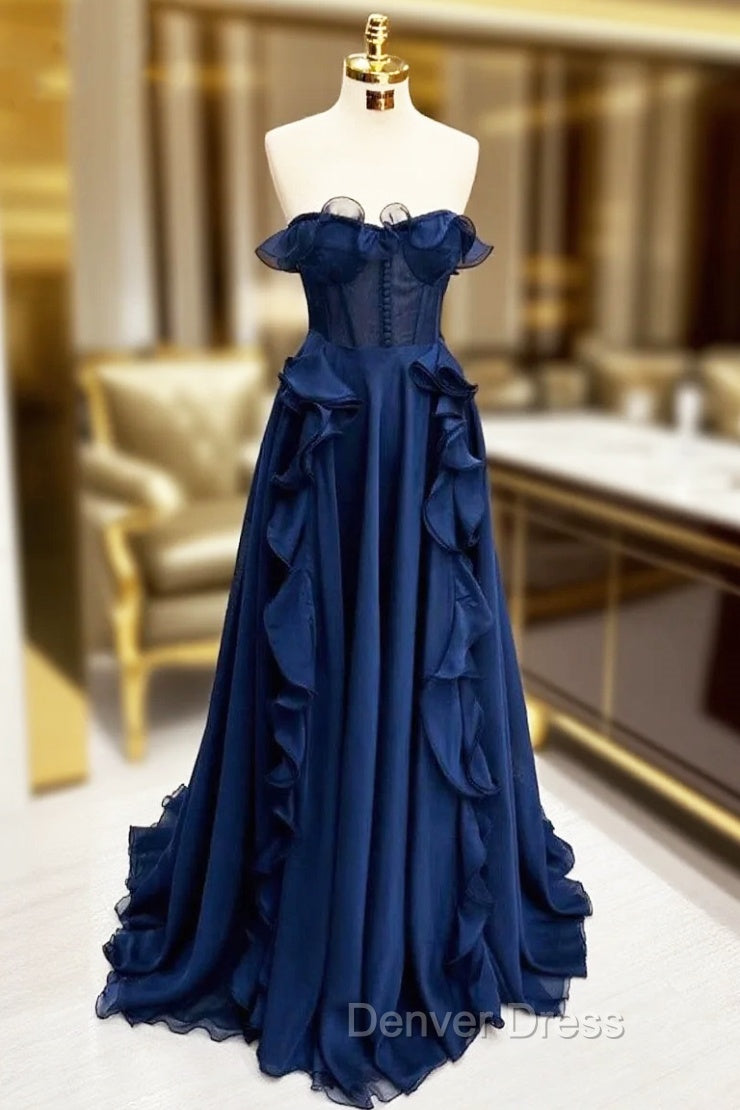 A Line Navy Blue Corset Ruffle Maxi Prom Dresses Main image