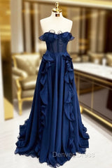 A Line Navy Blue Corset Ruffle Maxi Prom Dresses