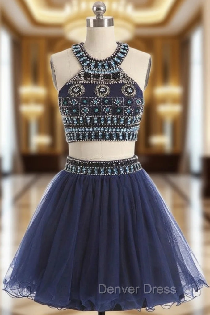 A Line Navy Blue Halter Tulle Beading Homecoming Dresses Main image
