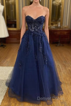 A Line  Navy Blue Lace Long Prom Dresses Strapless Graduation Evening Dresses