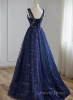 A-Line Navy Blue Tulle Beaded V-Neckline Party Dresses, Navy Blue Shiny Tulle Prom Dresses