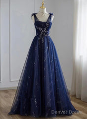 A-Line Navy Blue Tulle Beaded V-Neckline Party Dress, Navy Blue Shiny Tulle Prom Dress
