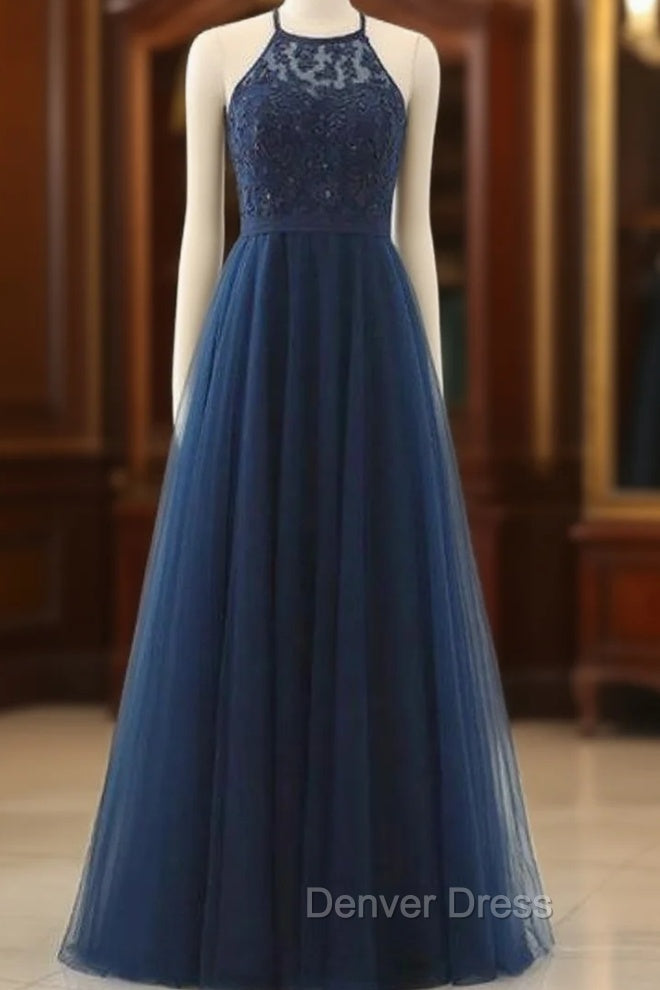 A-line Navy Blue Tulle Halter Crossed Back Long Prom Dresses Main image