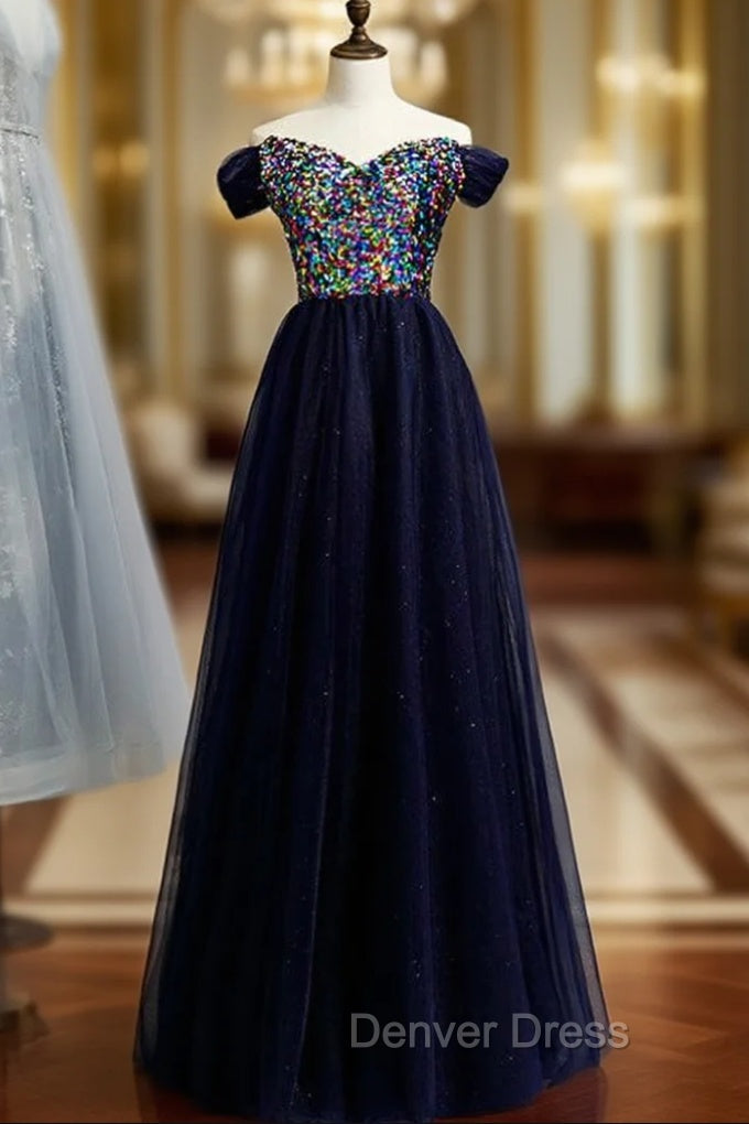 A-Line Navy Blue Tulle Sequins Off the Shoulder Prom Dresses Main image
