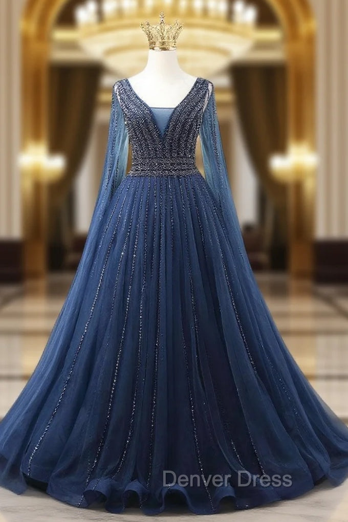 A-line Navy Blue V-neck Beading Prom Dresses Main image