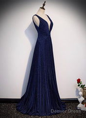 A-Line Navy Blue V-Neckline Long Party Dress, Navy Blue Long Prom Dress