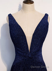 A-Line Navy Blue V-Neckline Long Party Dress, Navy Blue Long Prom Dress