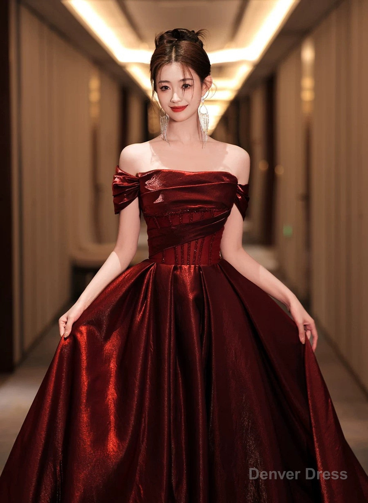 A-line Off Shoulder Beaded Wine Red Satin Prom Dress, Wine Red Party Dress Main image