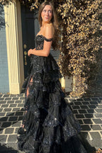 A Line Off Shoulder Black Lace Long Prom Dresses With High Slit