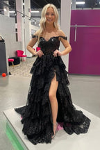 A Line Off Shoulder Black Lace Long Prom Dresses With High Slit