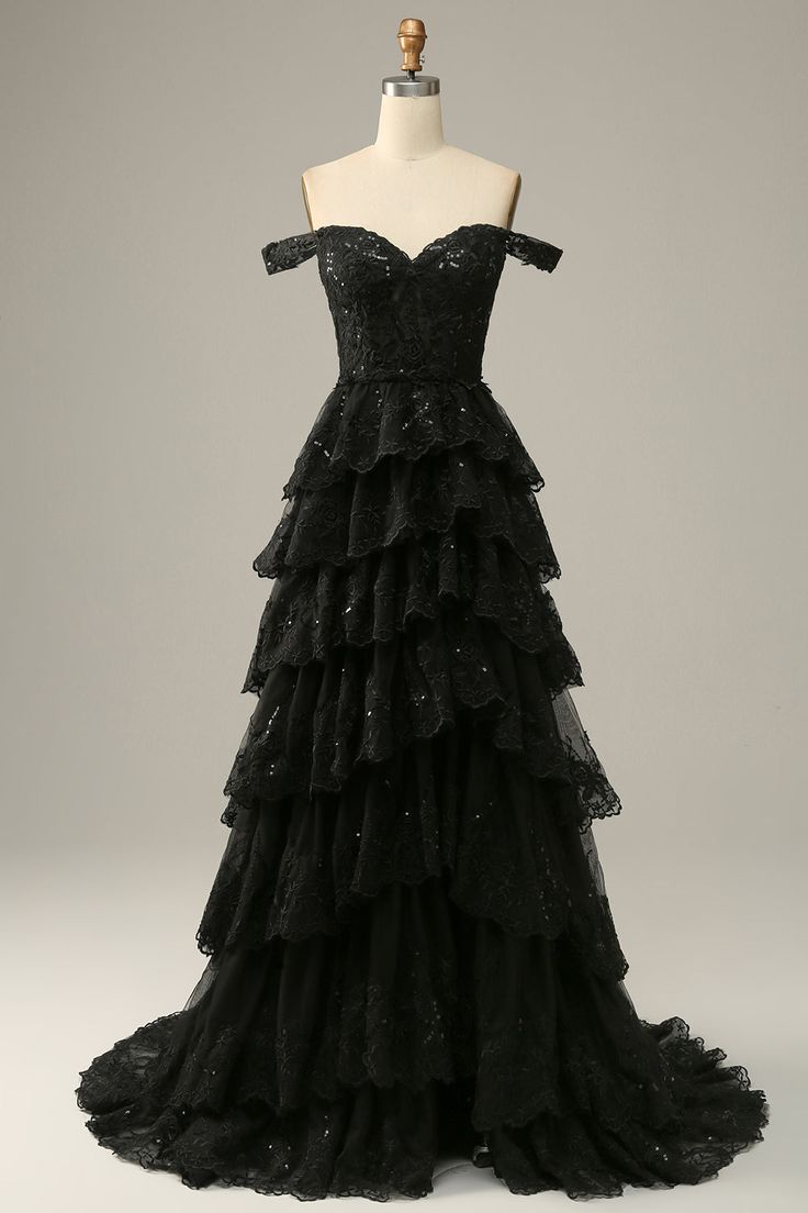 A Line Off Shoulder Black Lace Long Prom Dresses With High Slit
