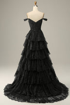 A Line Off Shoulder Black Lace Long Prom Dresses With High Slit