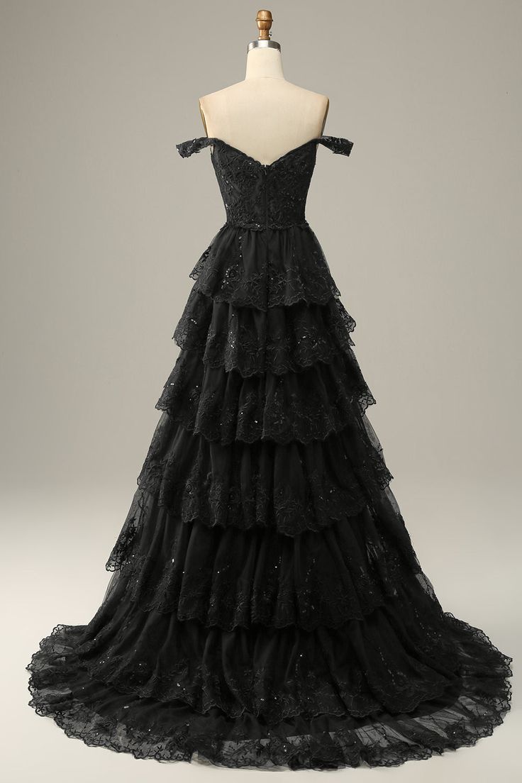 A Line Off Shoulder Black Lace Long Prom Dresses With High Slit
