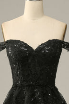 A Line Off Shoulder Black Lace Long Prom Dresses With High Slit