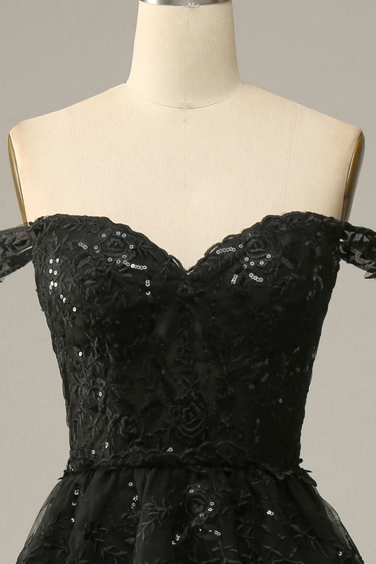 A Line Off Shoulder Black Lace Long Prom Dresses With High Slit