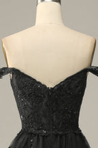 A Line Off Shoulder Black Lace Long Prom Dresses With High Slit