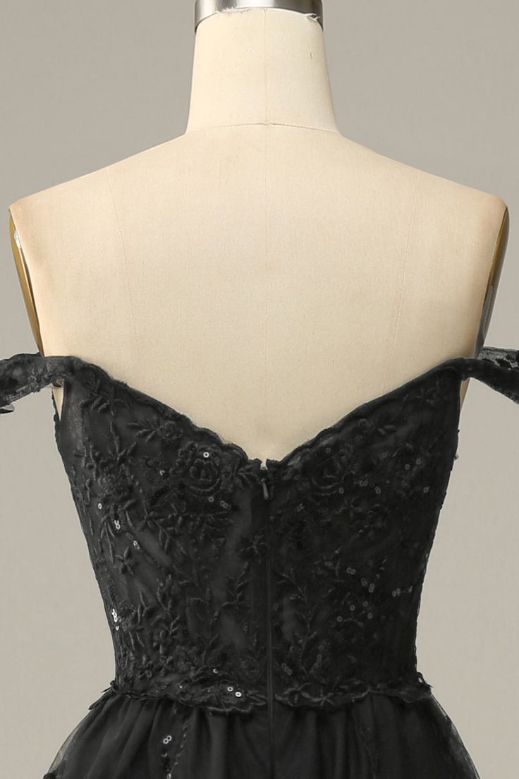 A Line Off Shoulder Black Lace Long Prom Dresses With High Slit
