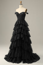 A Line Off Shoulder Black Lace Long Prom Dresses With High Slit