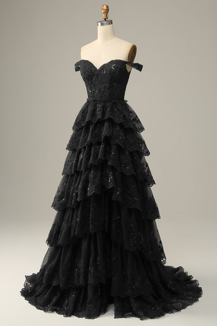 A Line Off Shoulder Black Lace Long Prom Dresses With High Slit