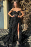 A Line Off Shoulder Black Lace Long Prom Dresses With High Slit
