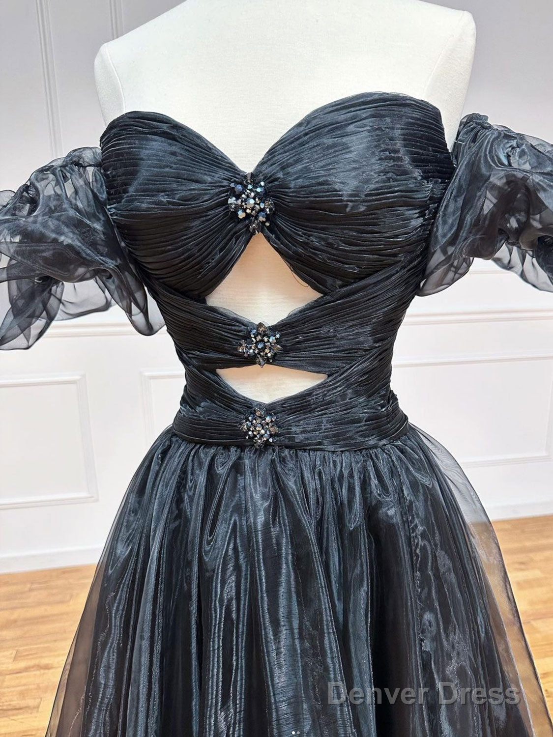 A-Line Off Shoulder Black Long Prom Dresses, Black Formal Evening Dress
