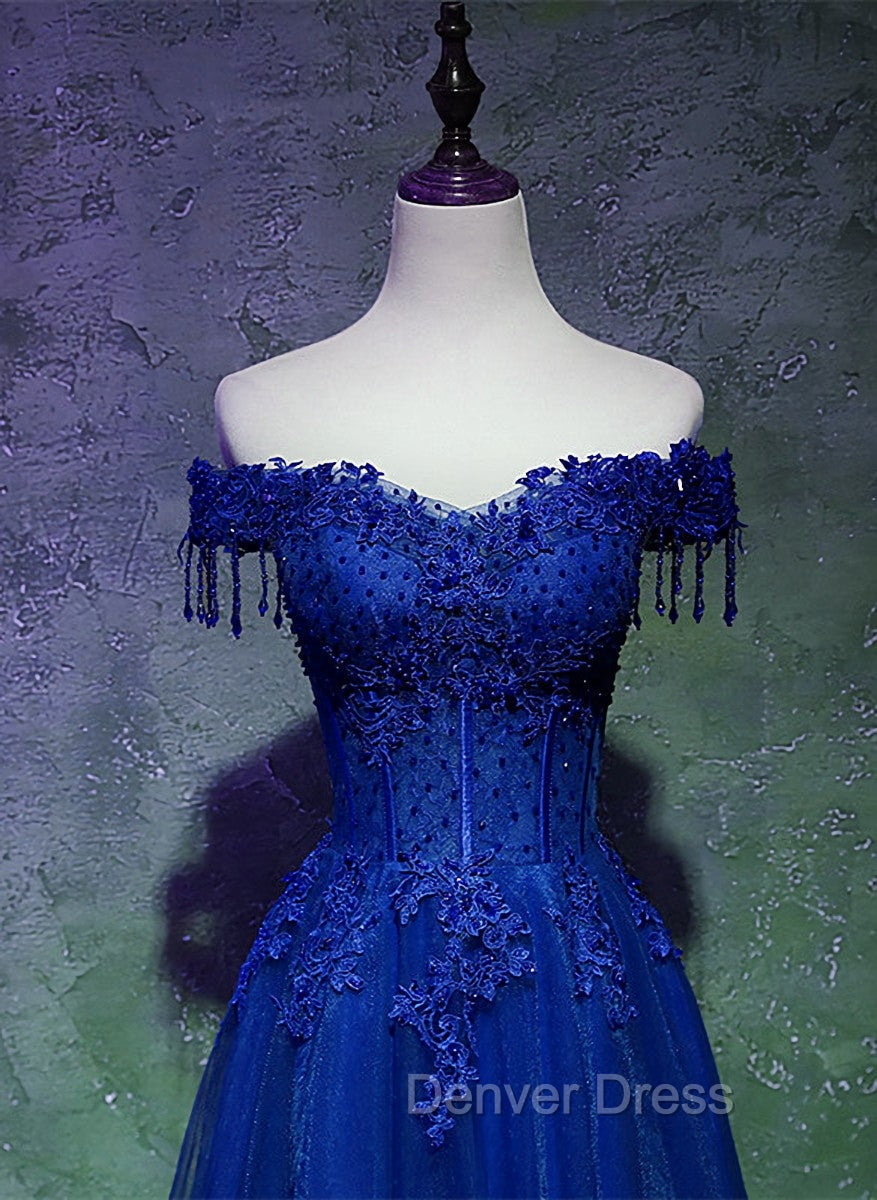 A-line Off Shoulder Blue Beaded and Lace Long Party Dresses, Blue Formal Dresses Secondary image