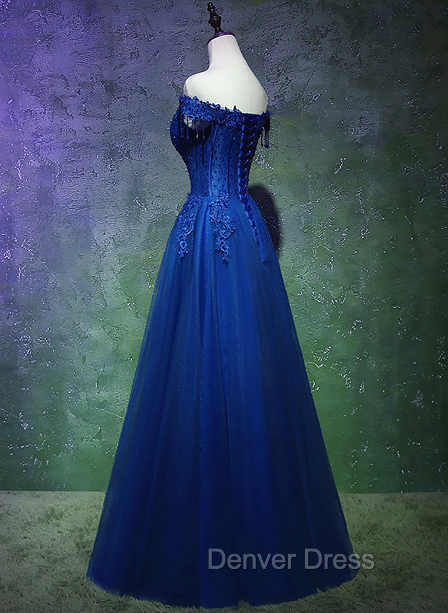 A-line Off Shoulder Blue Beaded and Lace Long Party Dresses, Blue Formal Dresses