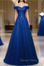 A-line Off Shoulder Blue Beaded and Lace Long Party Dresses, Blue Formal Dresses