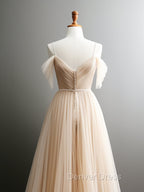 A Line Off Shoulder Champagne Tulle Long Prom Dress, Champagne Long Prom Dresses