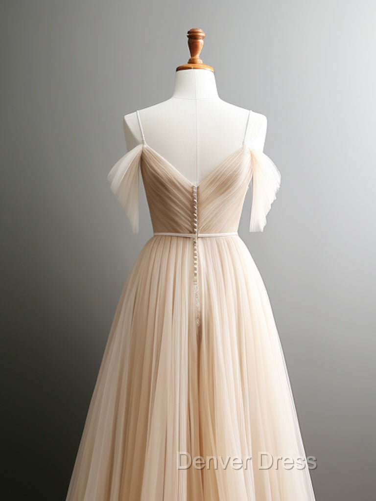 A Line Off Shoulder Champagne Tulle Long Prom Dress, Champagne Long Prom Dresses