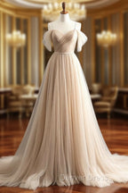 A-Line Off Shoulder Champagne Tulle Long Prom Dresses, Champagne Long Evening Dresses