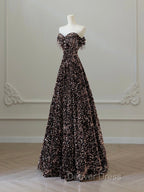 A-Line Off Shoulder Coffee Gold Sequin Long Prom Dresses, Coffee Gold Formal Dresses